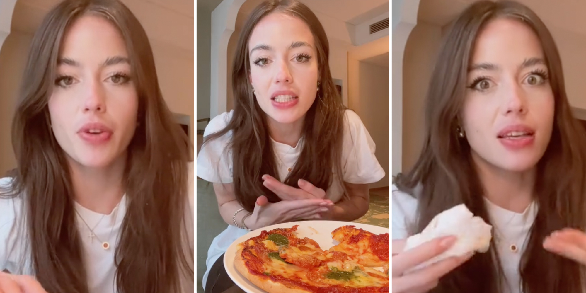 Woman talking(l+r), Woman with pizza(c)