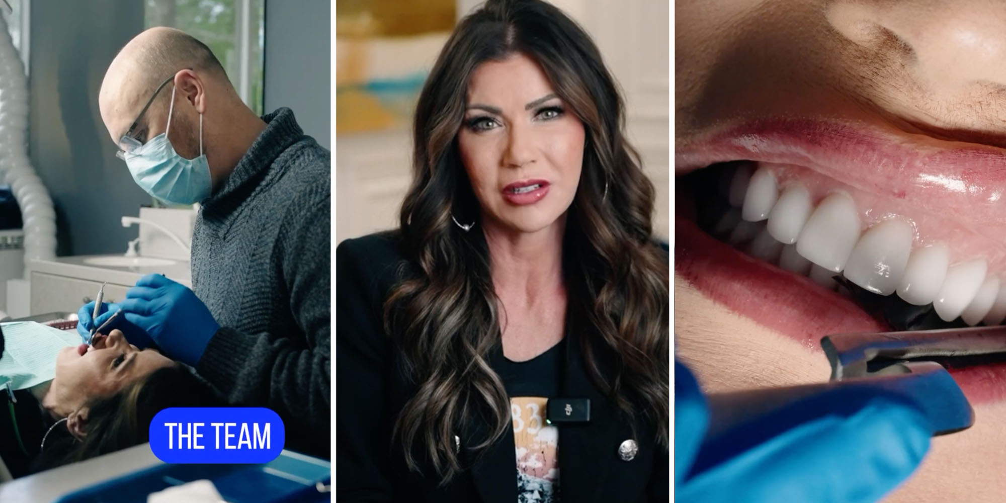 Kristi Noem with dentist(l), Kristi talking(c), Teeth(r)