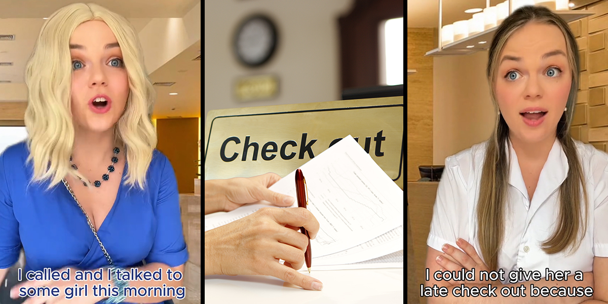 woman speaking with caption "I called and I talked to some girl this morning" (l) hotel checkout with hand signing papers (c) woman speaking with caption "I could not give her a late checkout because" (r)
