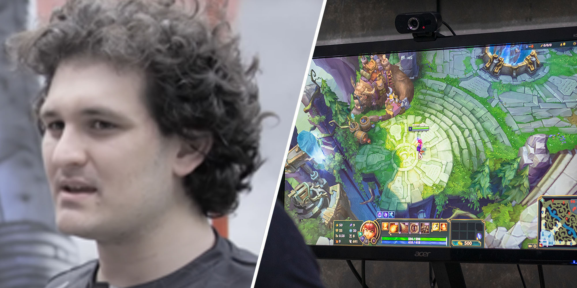 Sam Bankman-Fried in an interview during the Bitcoin 2021 conference(l), Gamer man playing League of Legends(r)