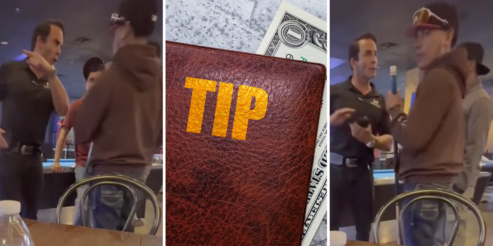 Group of men arguing(l+r), Tip binder(c)