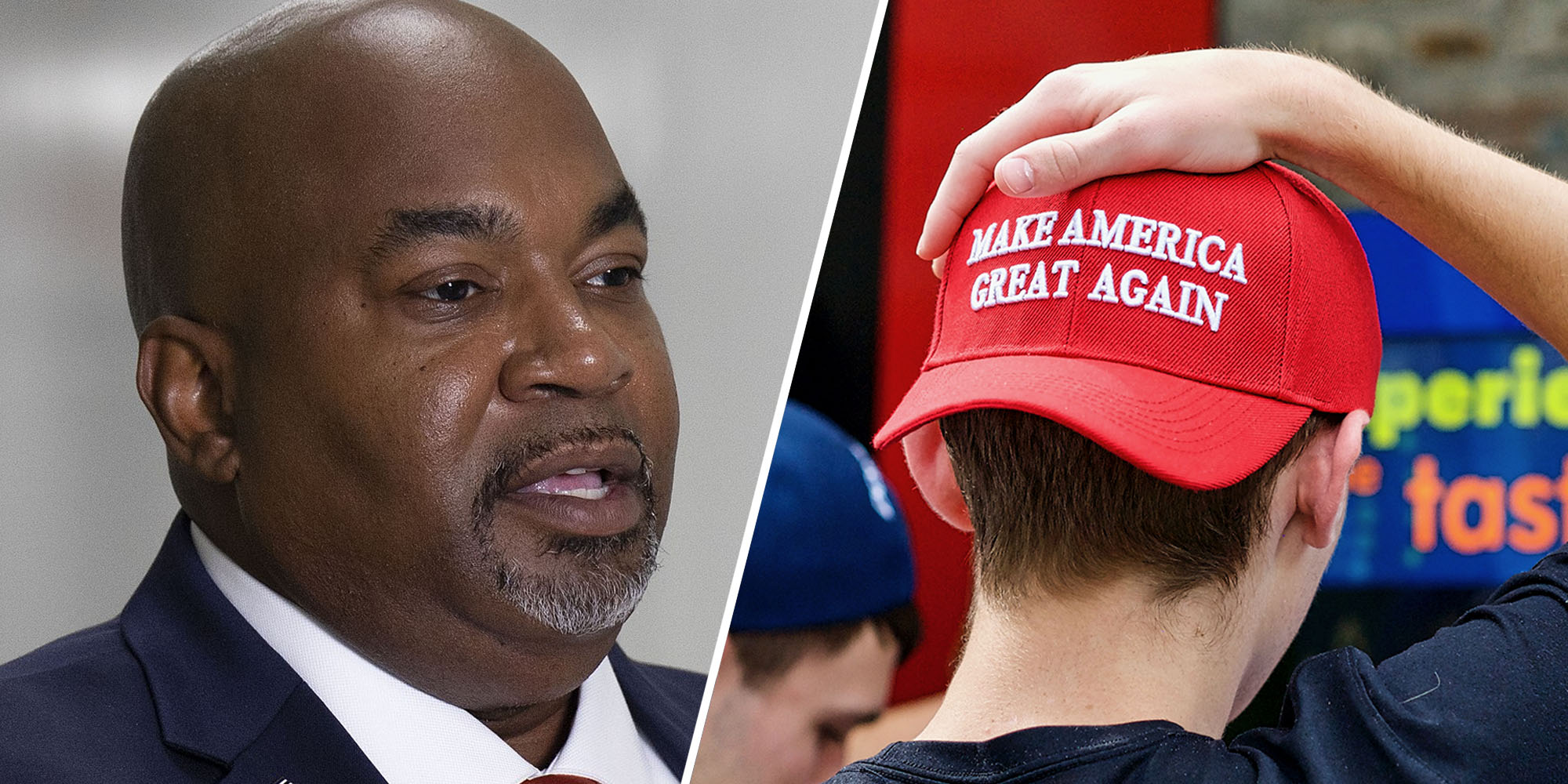 Mark Robinson(l), Man wearing Maga hat(r)