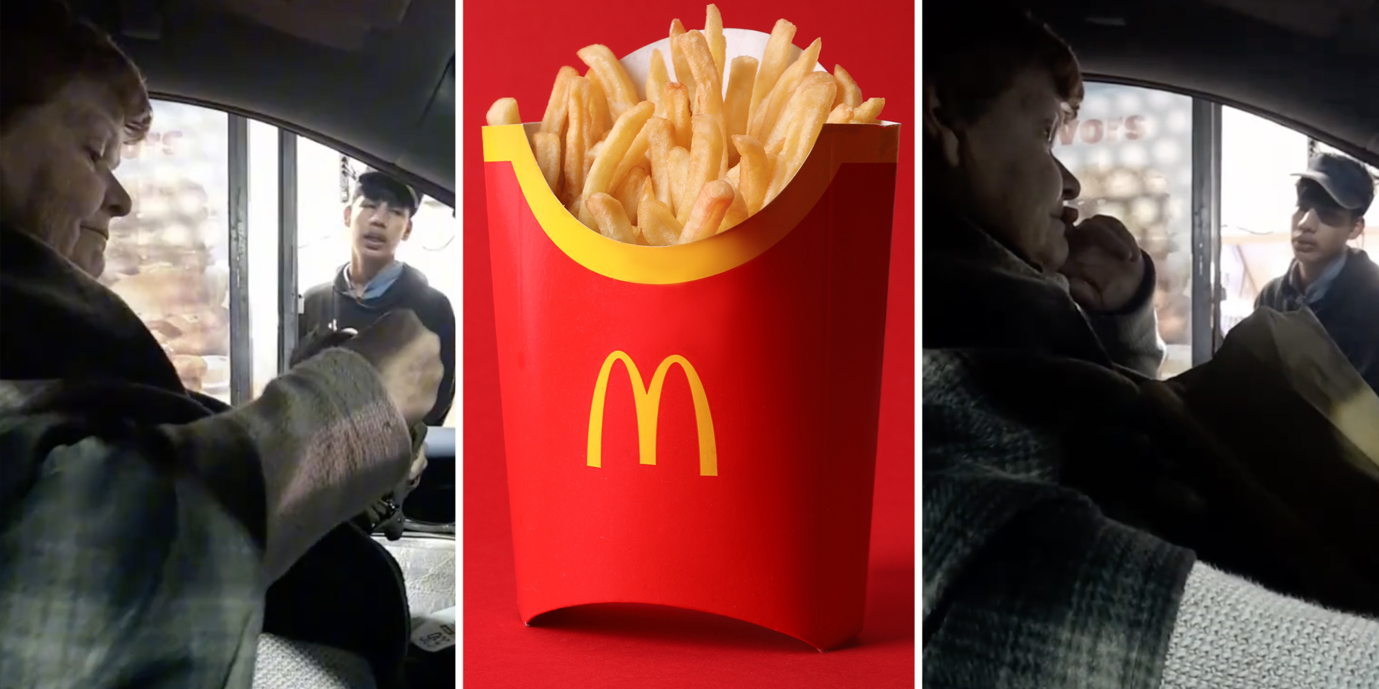 Woman at Mcdonalds drive thru window(l+r), McDonalds fries(c)