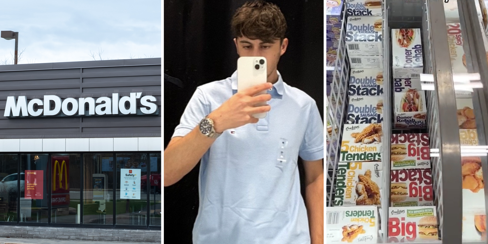 McDonald's(l), Man with phone(c), Frozen food(r)