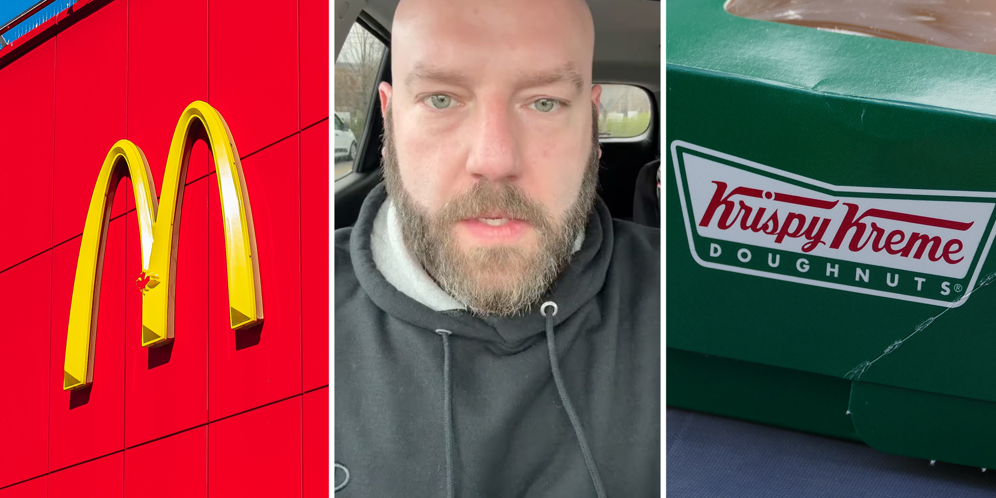 McDonald's(l), Man talking(c), Krispy Kreme(r)