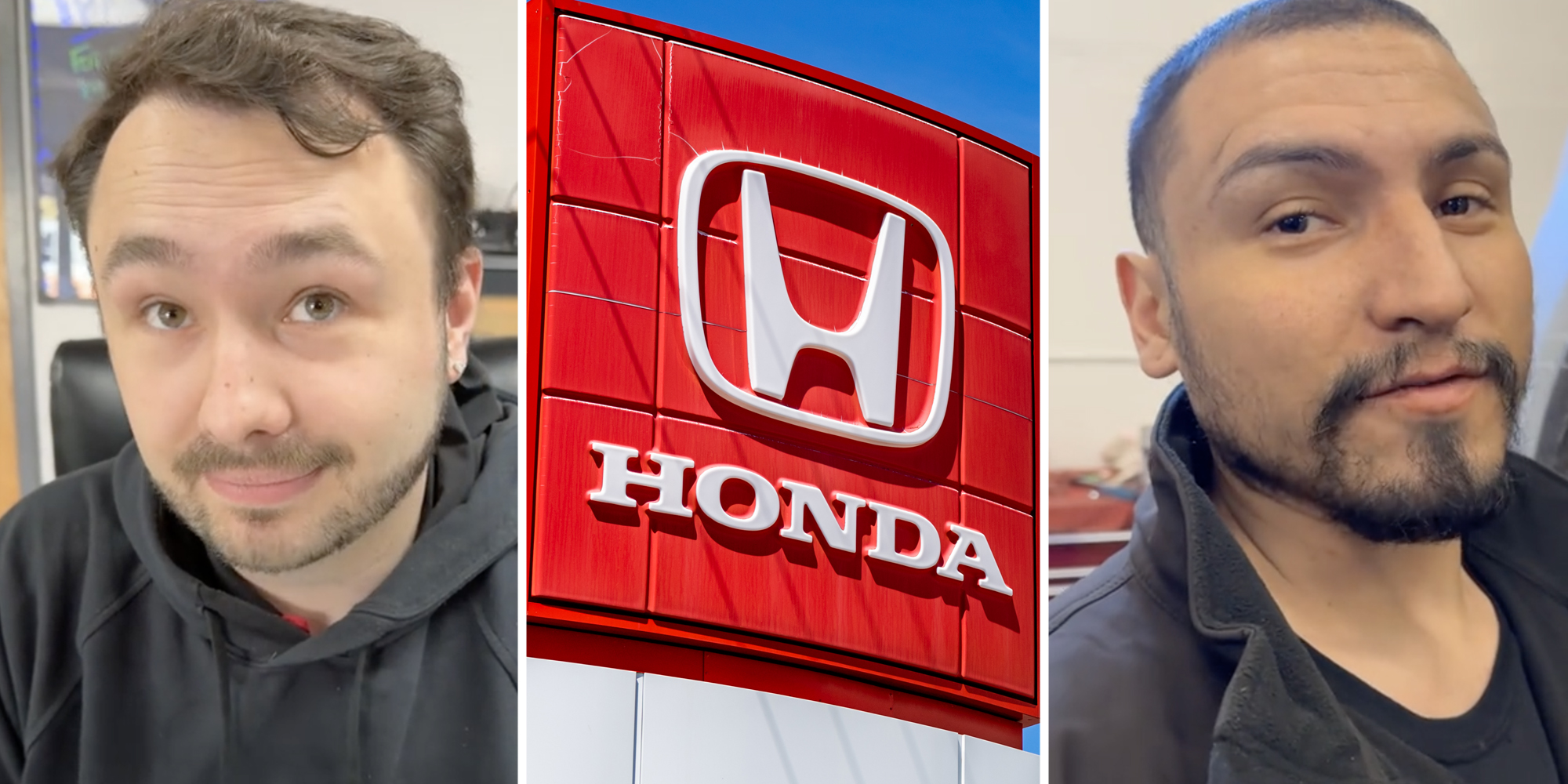 Mechanics talking(l+r), Honda sign(c)