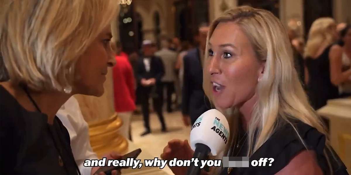 Marjorie Taylor Greene speaking to reporter with caption "and really, why don't you blank off?"