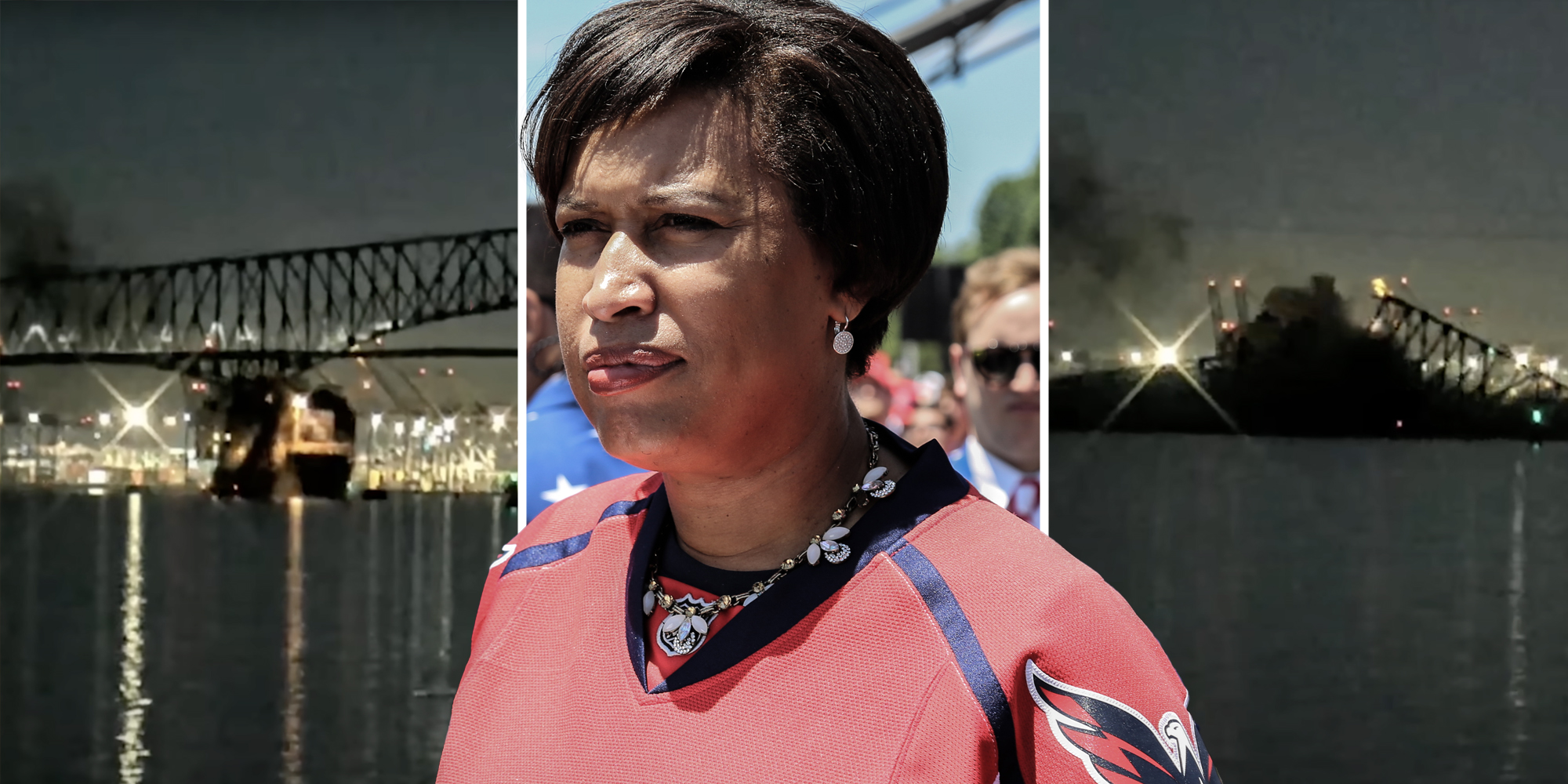 Muriel Boswer in front of before and after of Francis Scott Key Bridge collapse