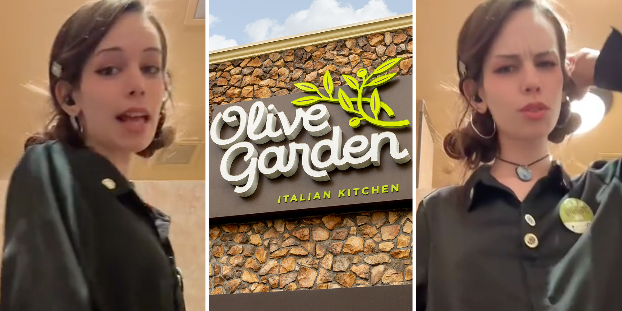 Woman dancing(l+r), olive garden sign(c)