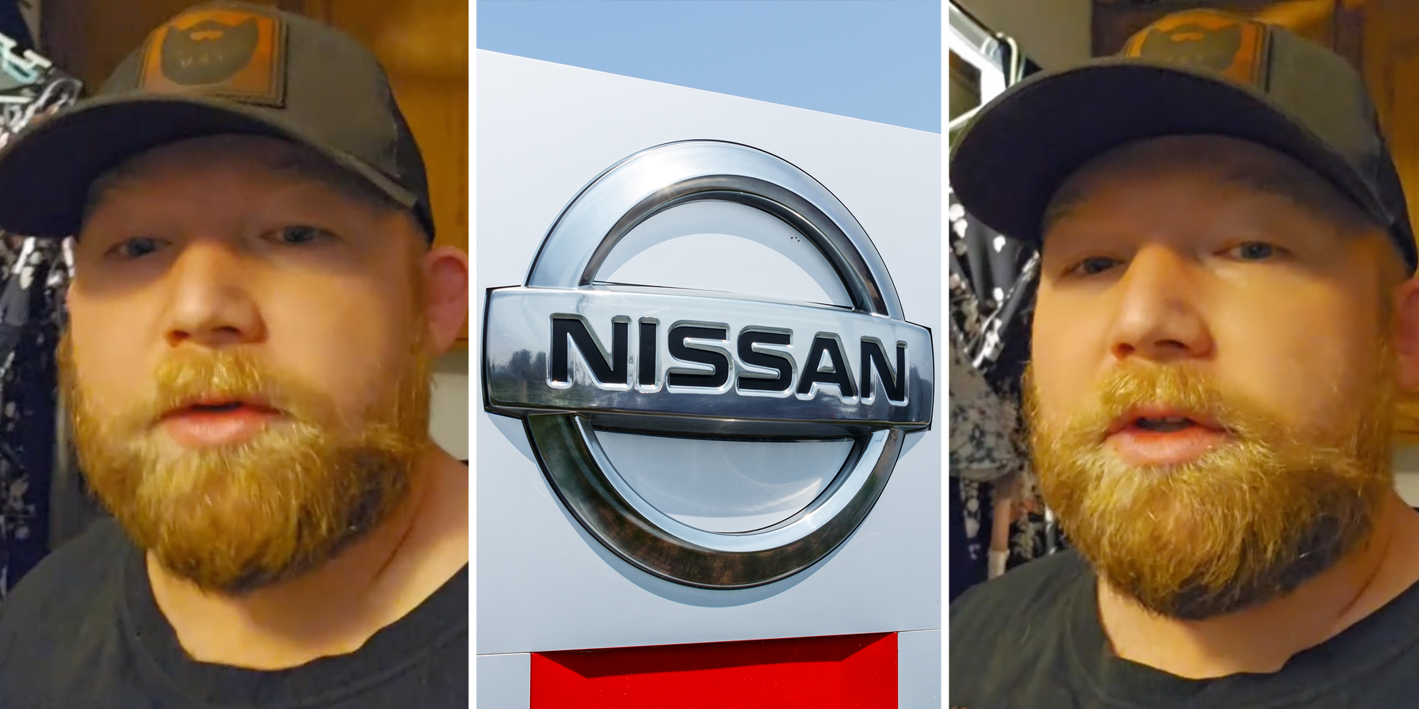 Man talking(l+r), Nissan sign(c)