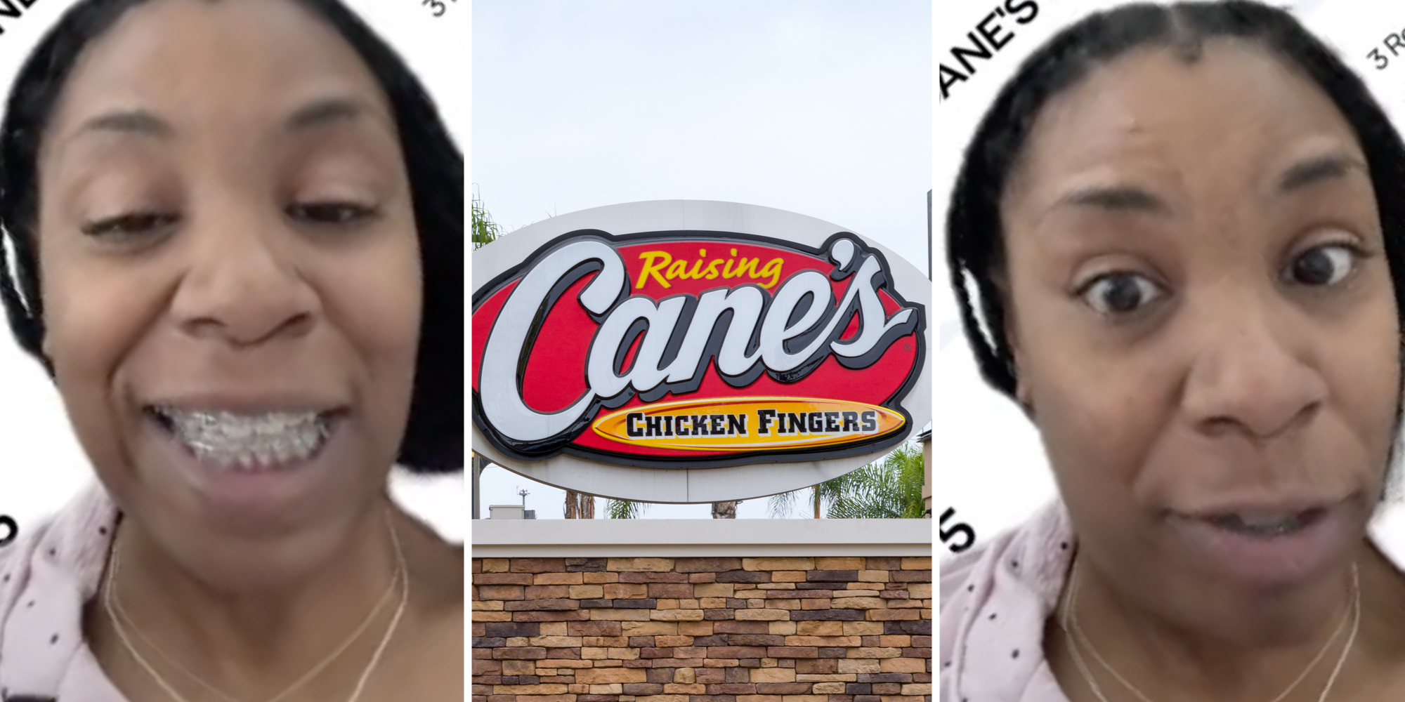 Woman talking(l+r), Raising Cane's(c)