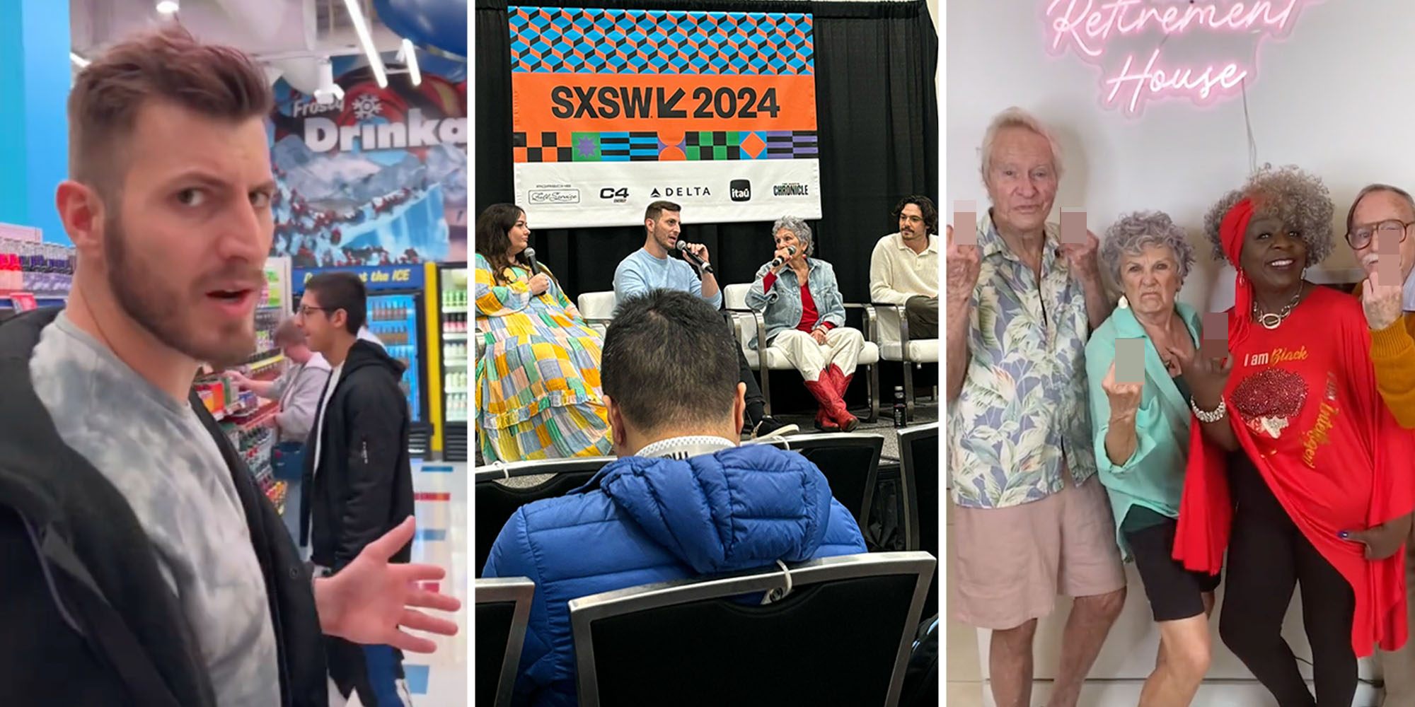 Ross Smith(l), SXSW panel(c), Retirement house(r)