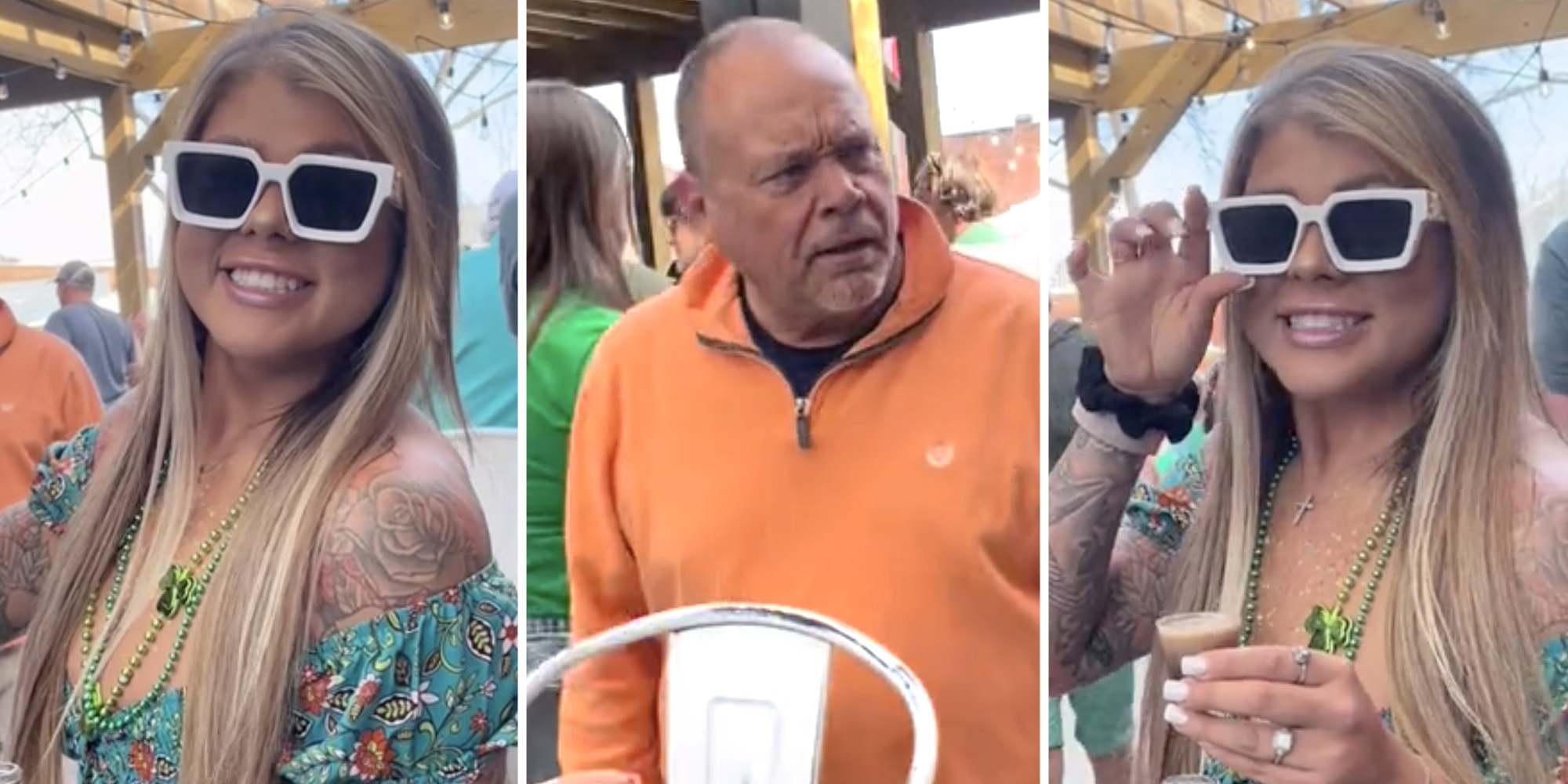 Woman smiling(l+r), Man looking surprised(c)