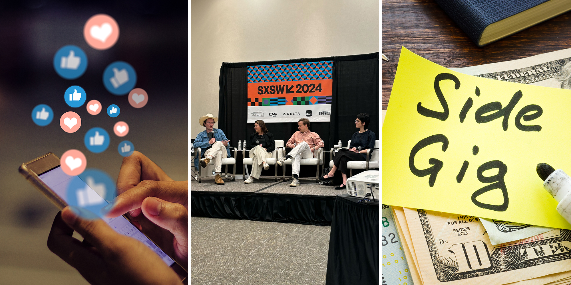 Social Media Emoticons; guest speakers talking at sxsw panel; Side Gig Post it with Money