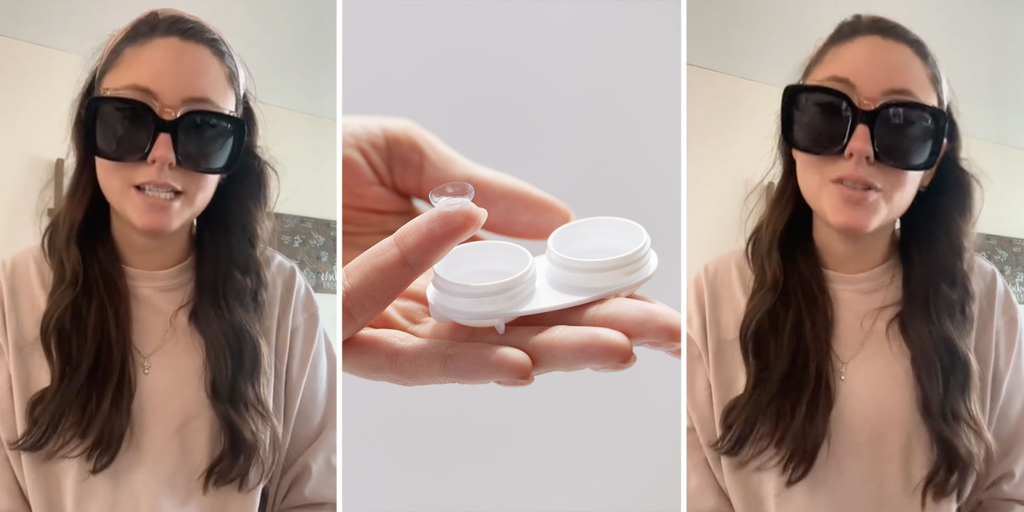 Woman with sunglasses on talking(l+r), Hand holding contact lenses(c)