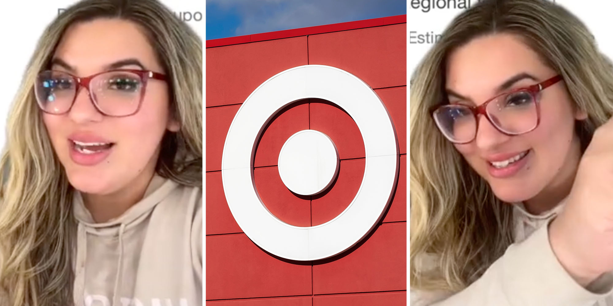 Woman talking(l+r), Target logo(c)