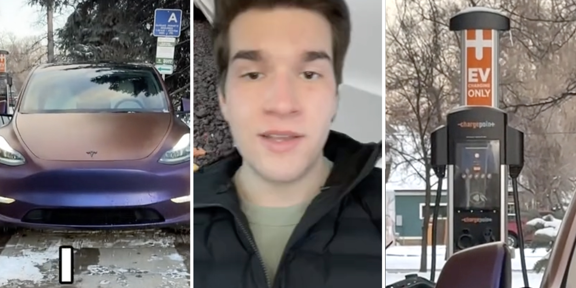 Tesla(l), Man talking(c), Charging station(r)