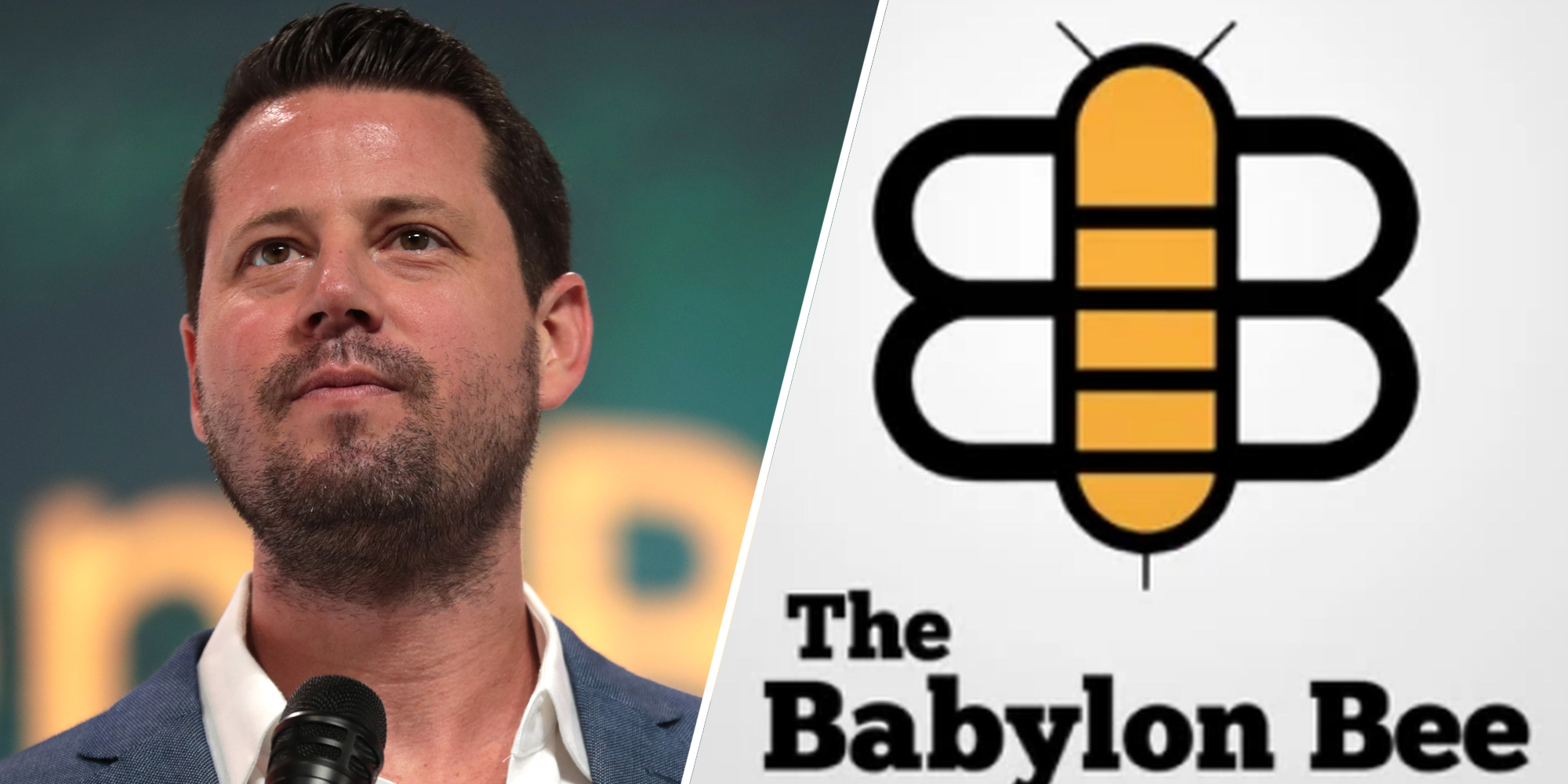 Seth Dillon, owner and CEO of The Babylon Bee(l), Babylon Bee logo(r)