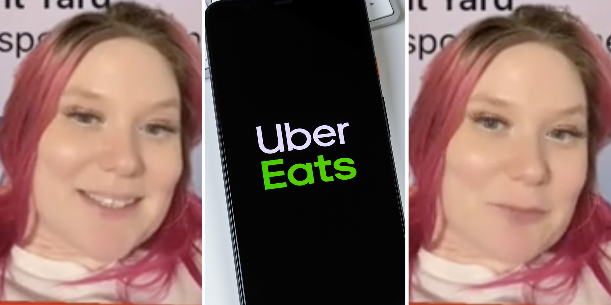 Woman talking(l+r), Uber Eats app on phone(c)