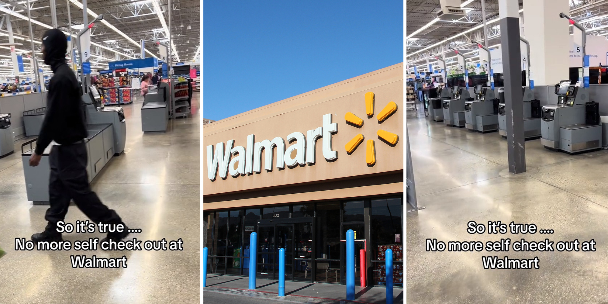 Walmart customer shows no more self-checkout section as security guards patrol abandoned stations