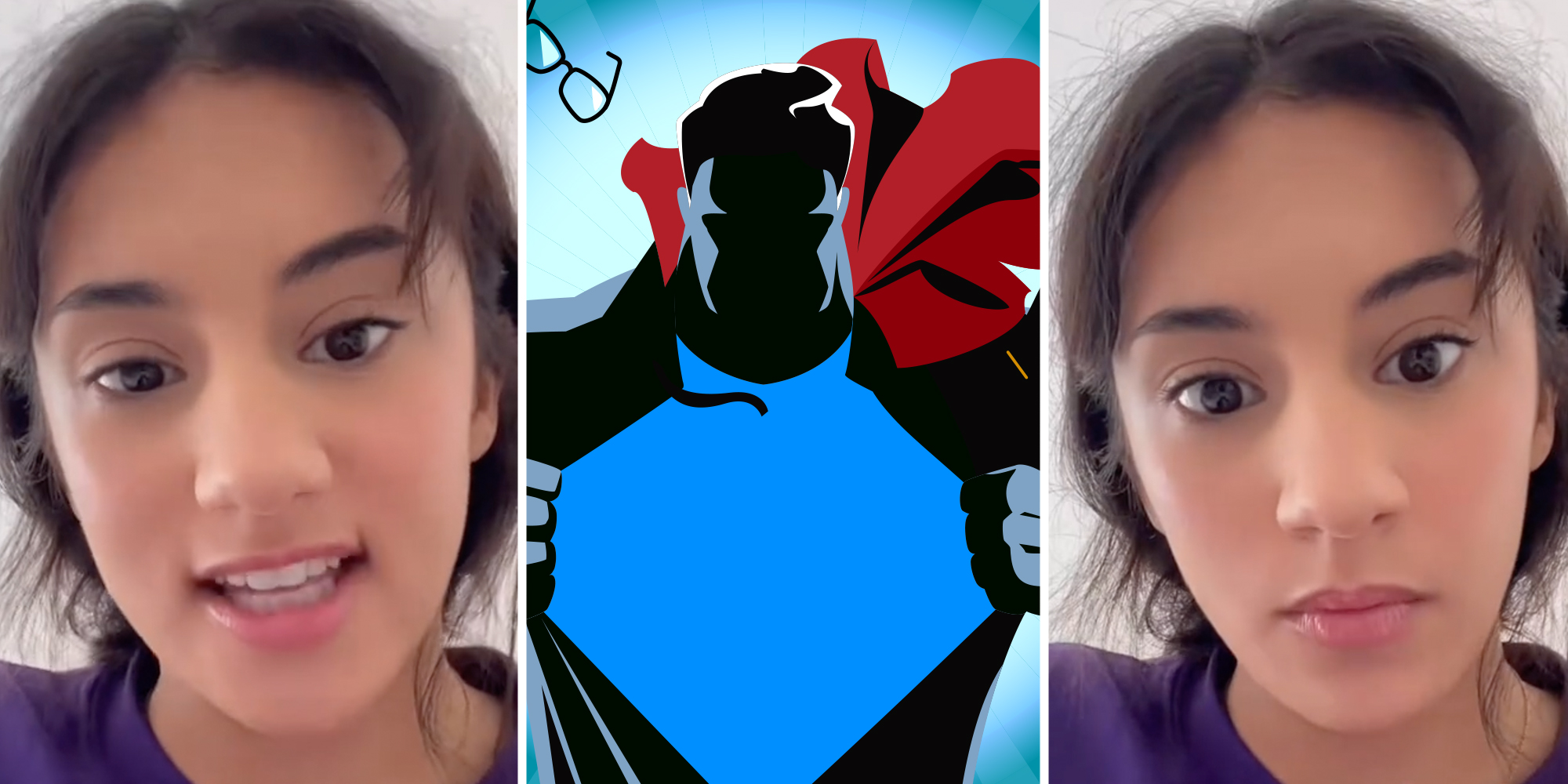 Woman talking(l+r), Superman esq illustration(c)