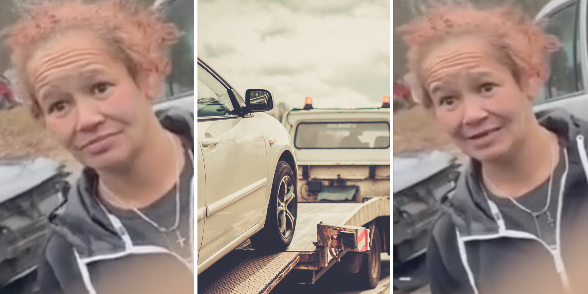 Women looking confused(l+r), Car being towed(c)