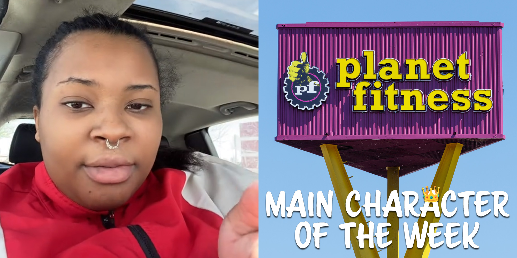 A person looking at the camera next to a sign for Planet Fitness. There is text that says 'Main Character of the Week' in a Daily Dot newsletter web_crawlr font.