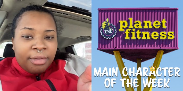 A person looking at the camera next to a sign for Planet Fitness. There is text that says 'Main Character of the Week' in a Daily Dot newsletter web_crawlr font.
