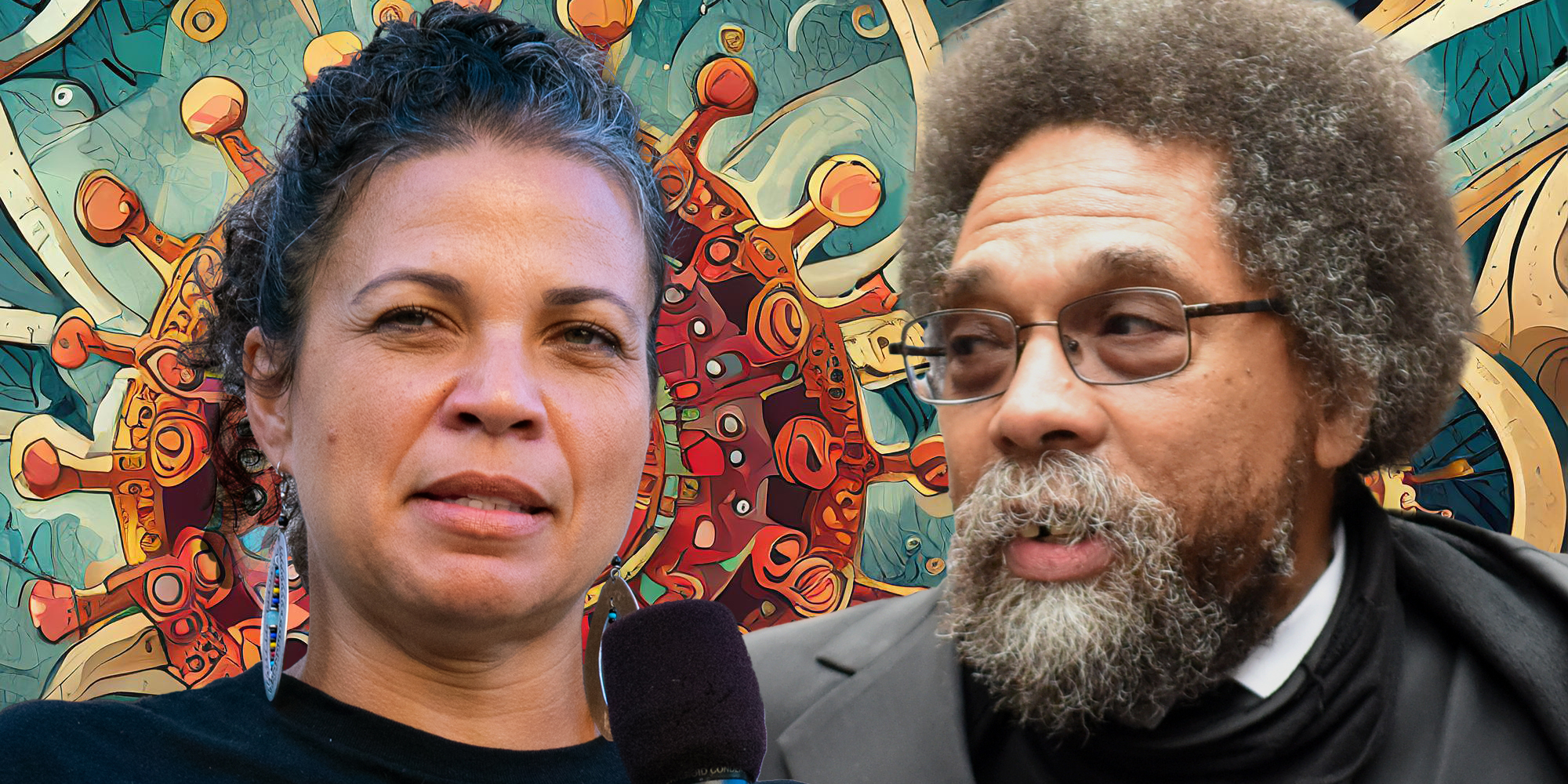 Melina Abdullah (l) cornel west (r) abstract coronavirus background