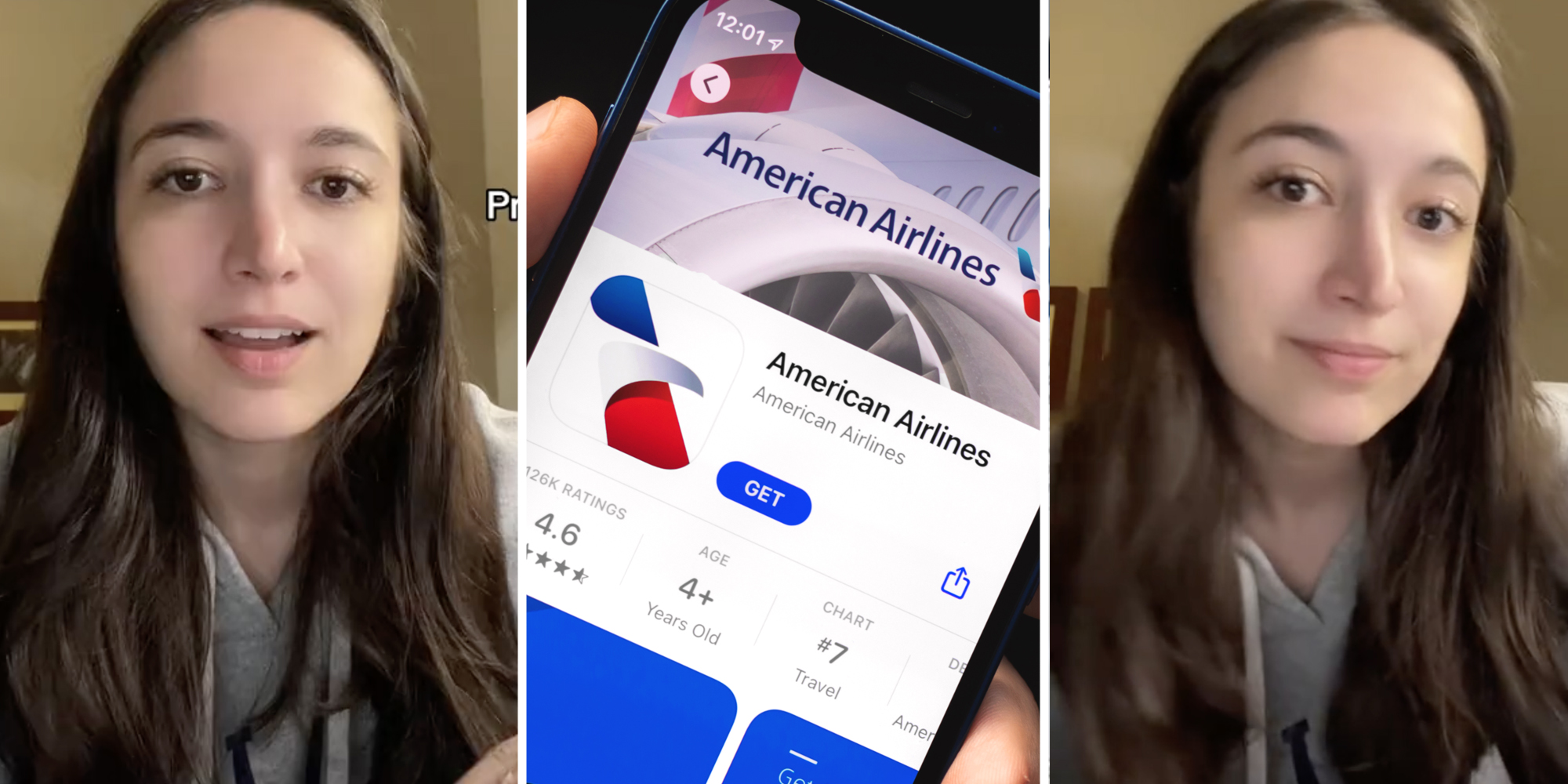 Woman talking(l+r), American Airlines app on phone(c)
