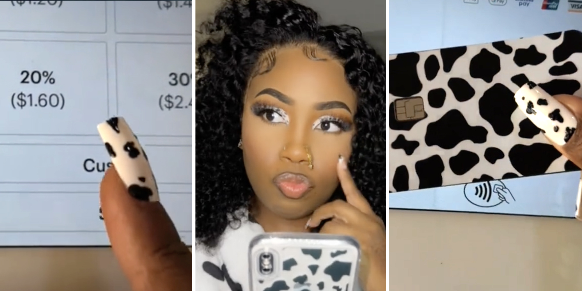 Finger at tip screen(l), Woman thinking(c), Card in front of screen(r)