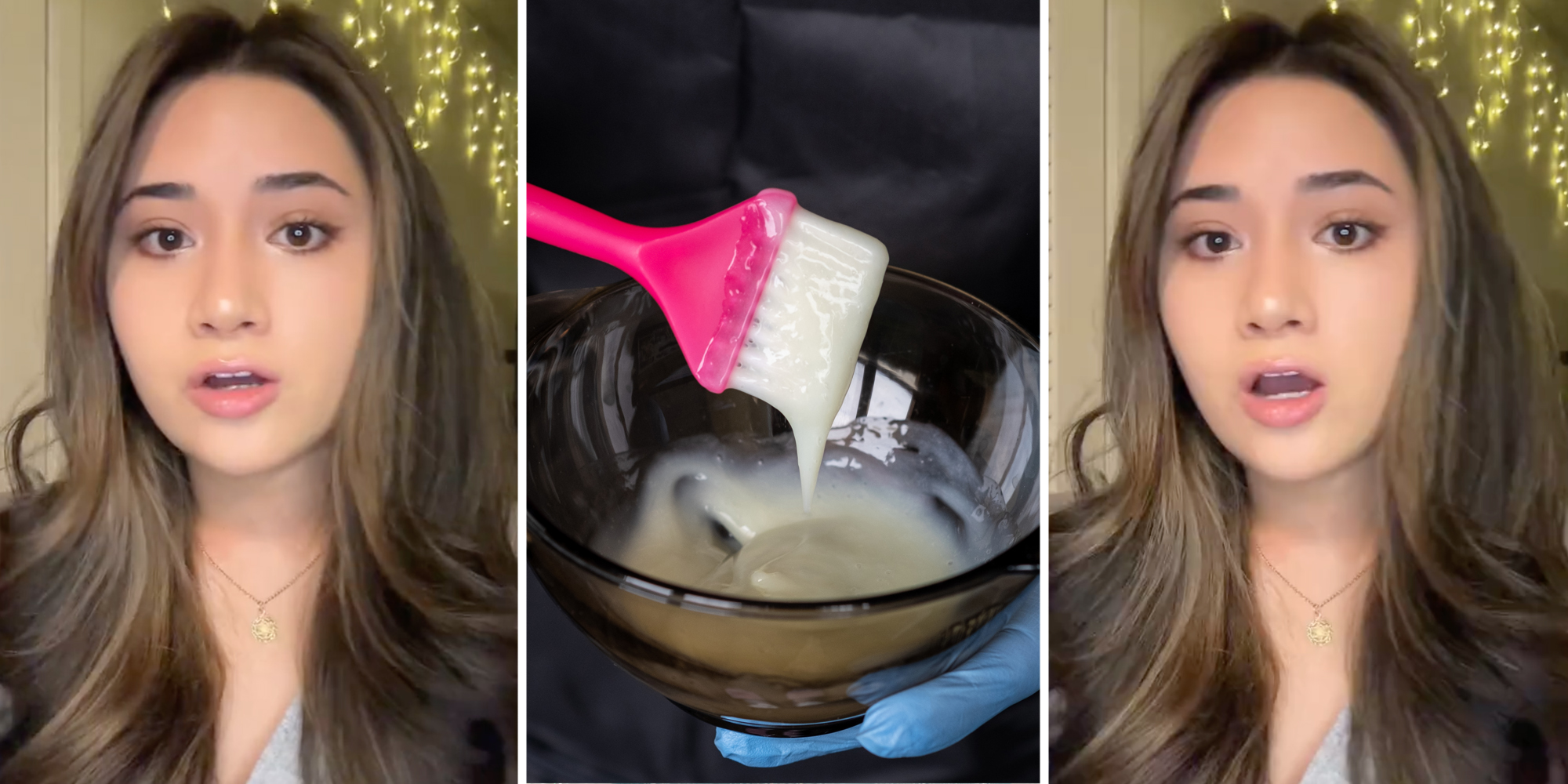 Woman talking(L+r), Brush with hair dye in bowl(c)