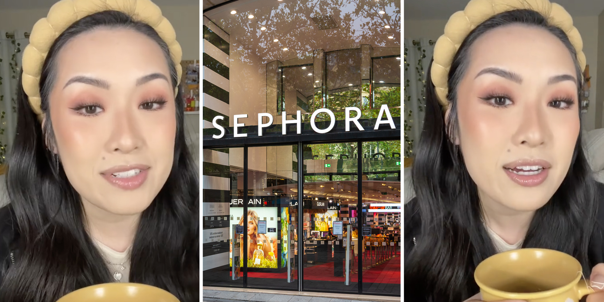 Woman talking(l+r), Sephora storefront(c)