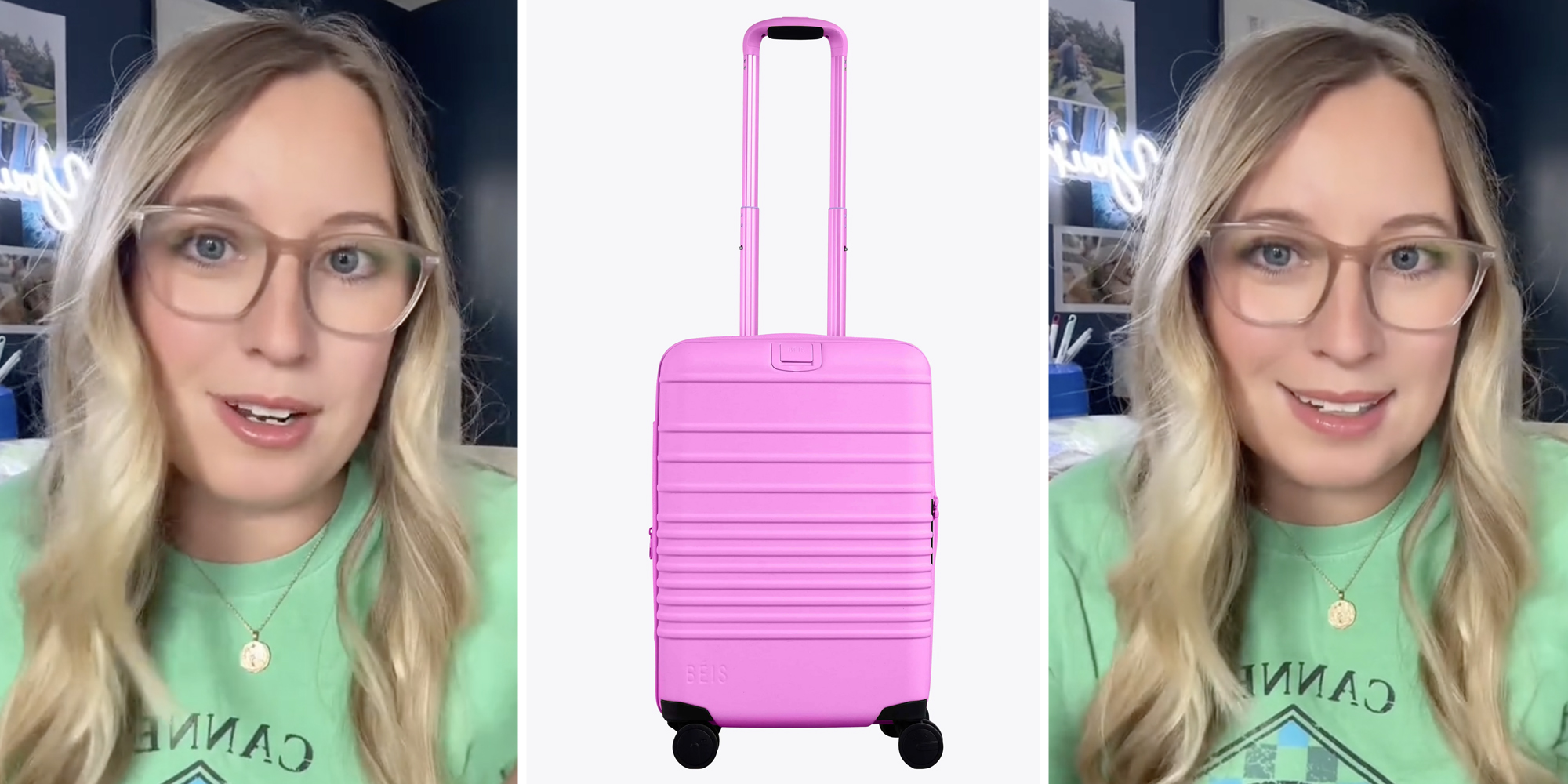 Woman talking(l+r), Beis carry on luggage(c)