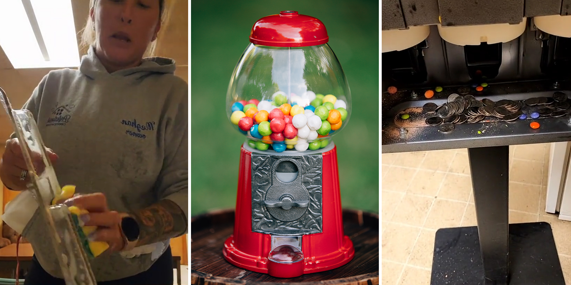 Woman cleans out public candy machine.