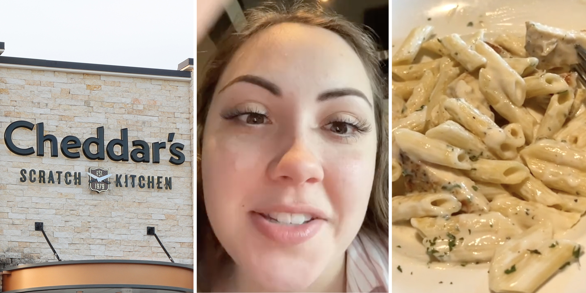 Cheddar's(l), Woman talking(c), Pasta(r)