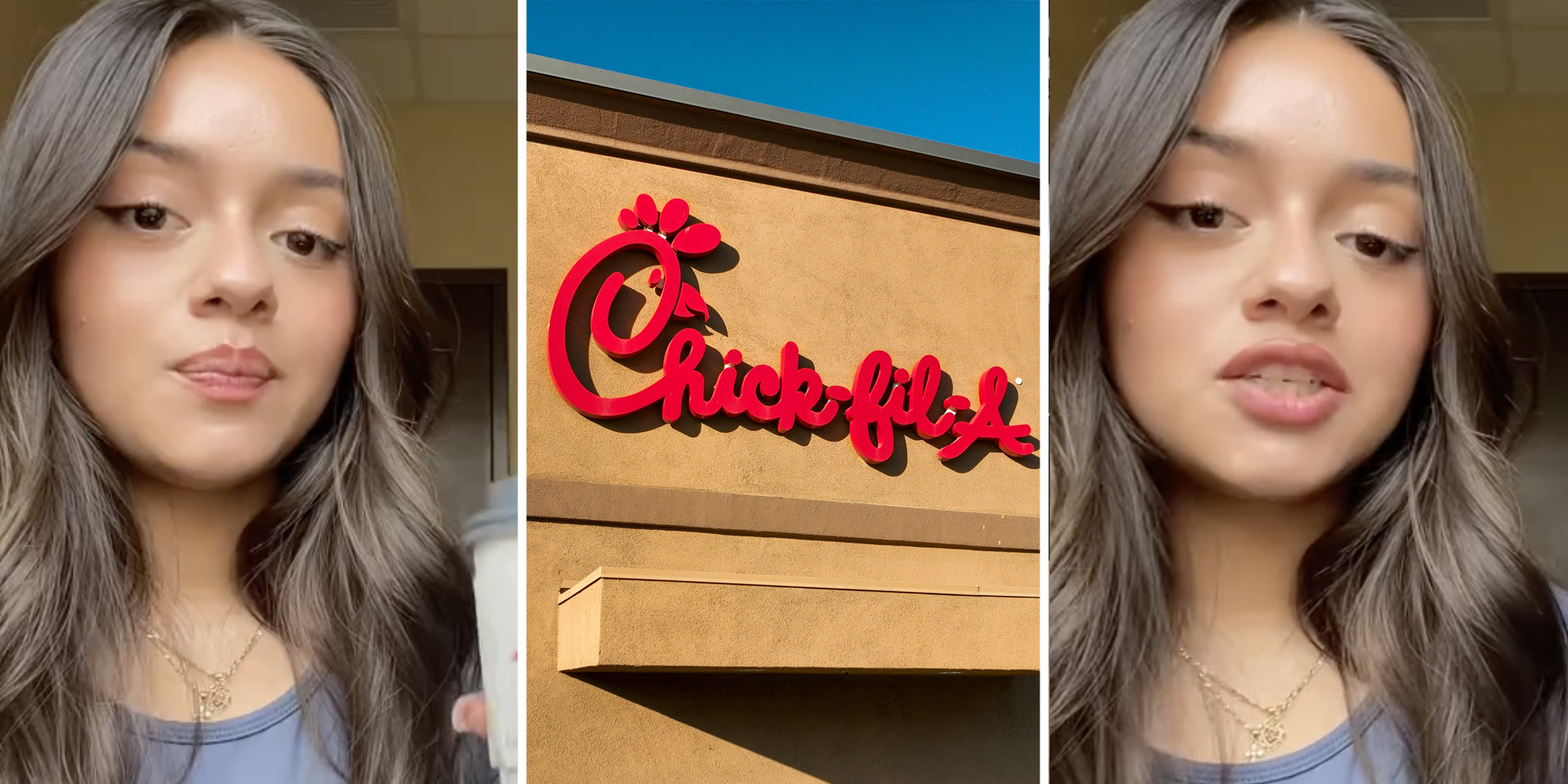 Woman talking(l+r), Chick-fil-a(c)