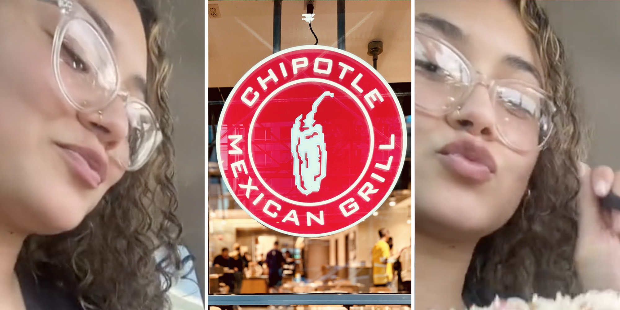 Woman smiling(l+r), Chipotle sign(c)