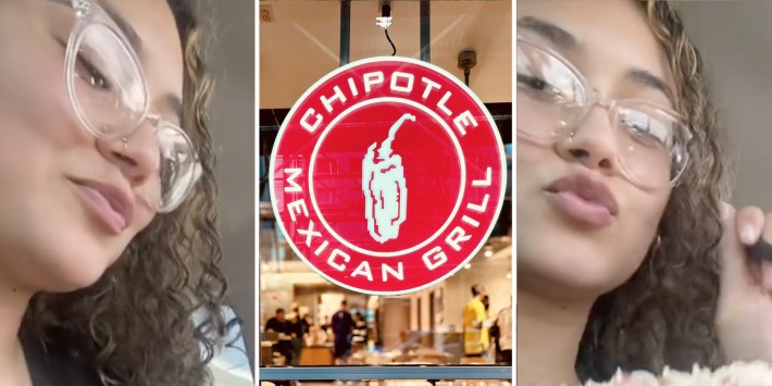 Woman smiling(l+r), Chipotle sign(c)