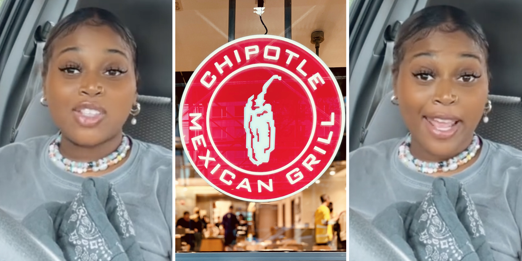 Woman talking(l+r), Chipotle sign(c)