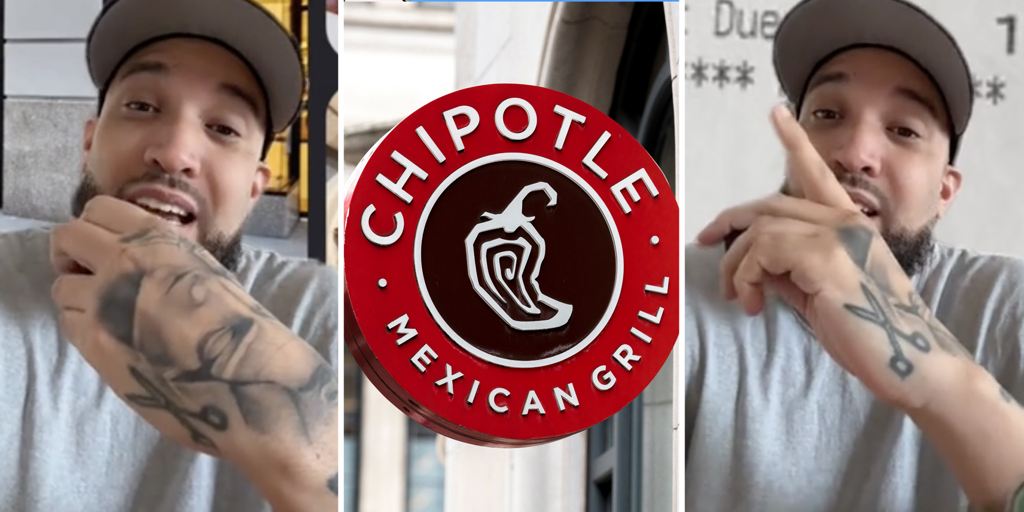 Man talking(l+r), Chipotle sign(c),