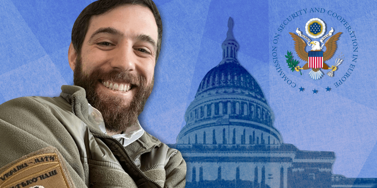 Paul Massaro with Capitol building and Commission On Security And Cooperation In Europe logo over blue