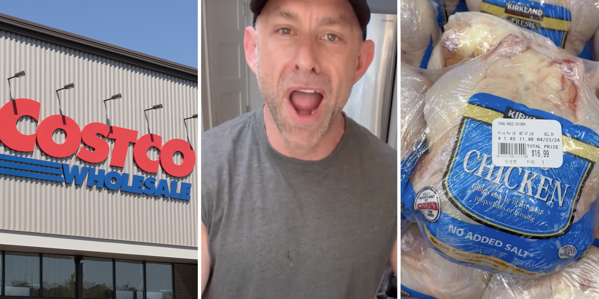 Costco(l), Man talking(c), Chicken(r)