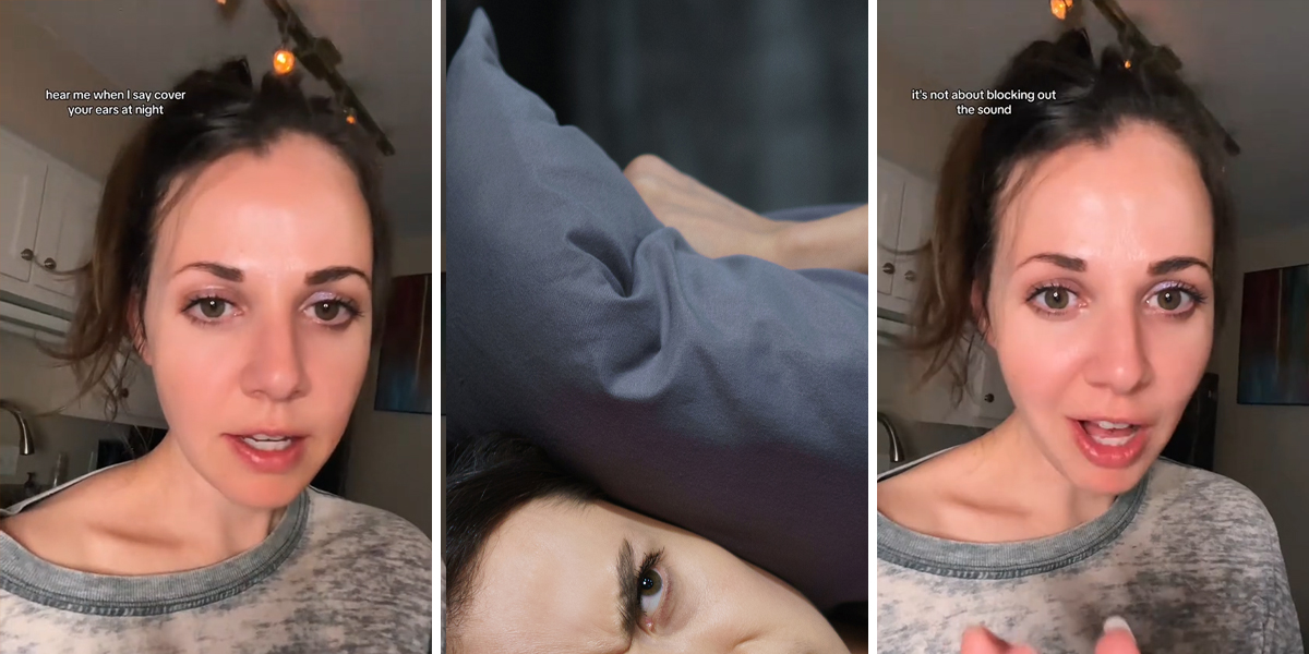 woman speaking with caption "hear me when I say cover your ears at night" (l) woman holding pillow over ears (c) woman speaking with caption "it's not about blocking out the sound" (r)