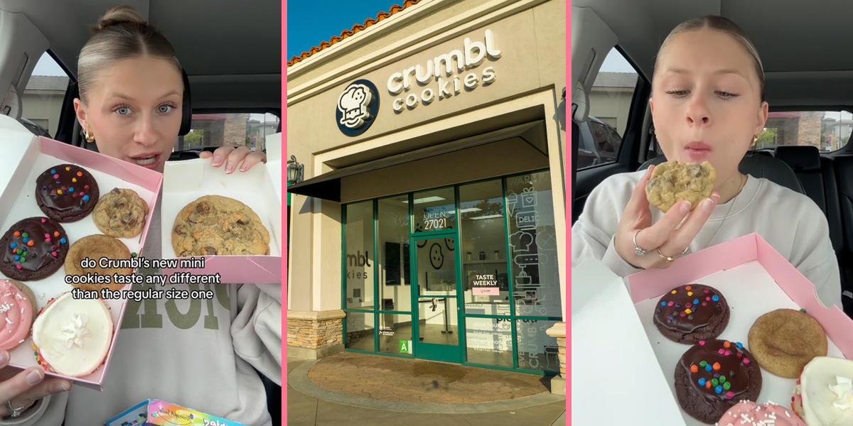 woman with cookies in car with caption "do Crumbl's new mini cookies taste any different than the regular size one" (l) Cruml Cookies sign on building (c) woman with cookies in car (r)