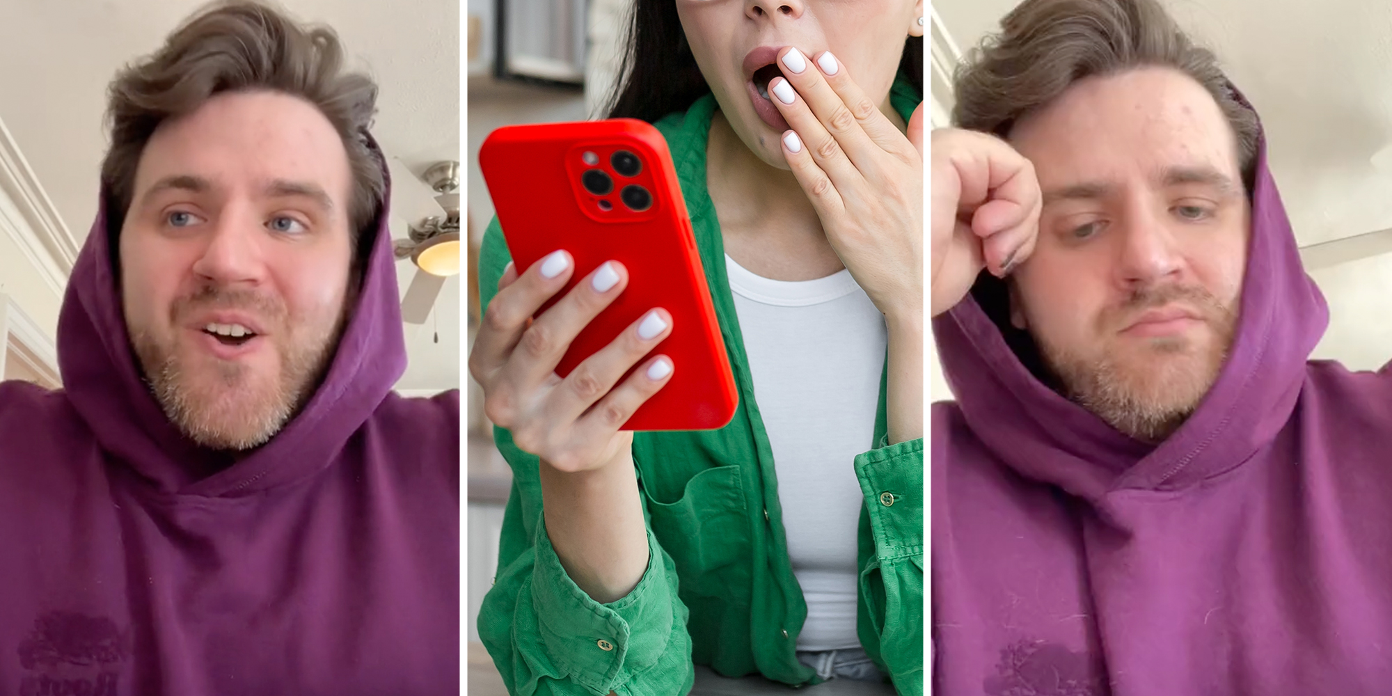 Man talking(l+r), Woman holding phone and looking shocked(c)