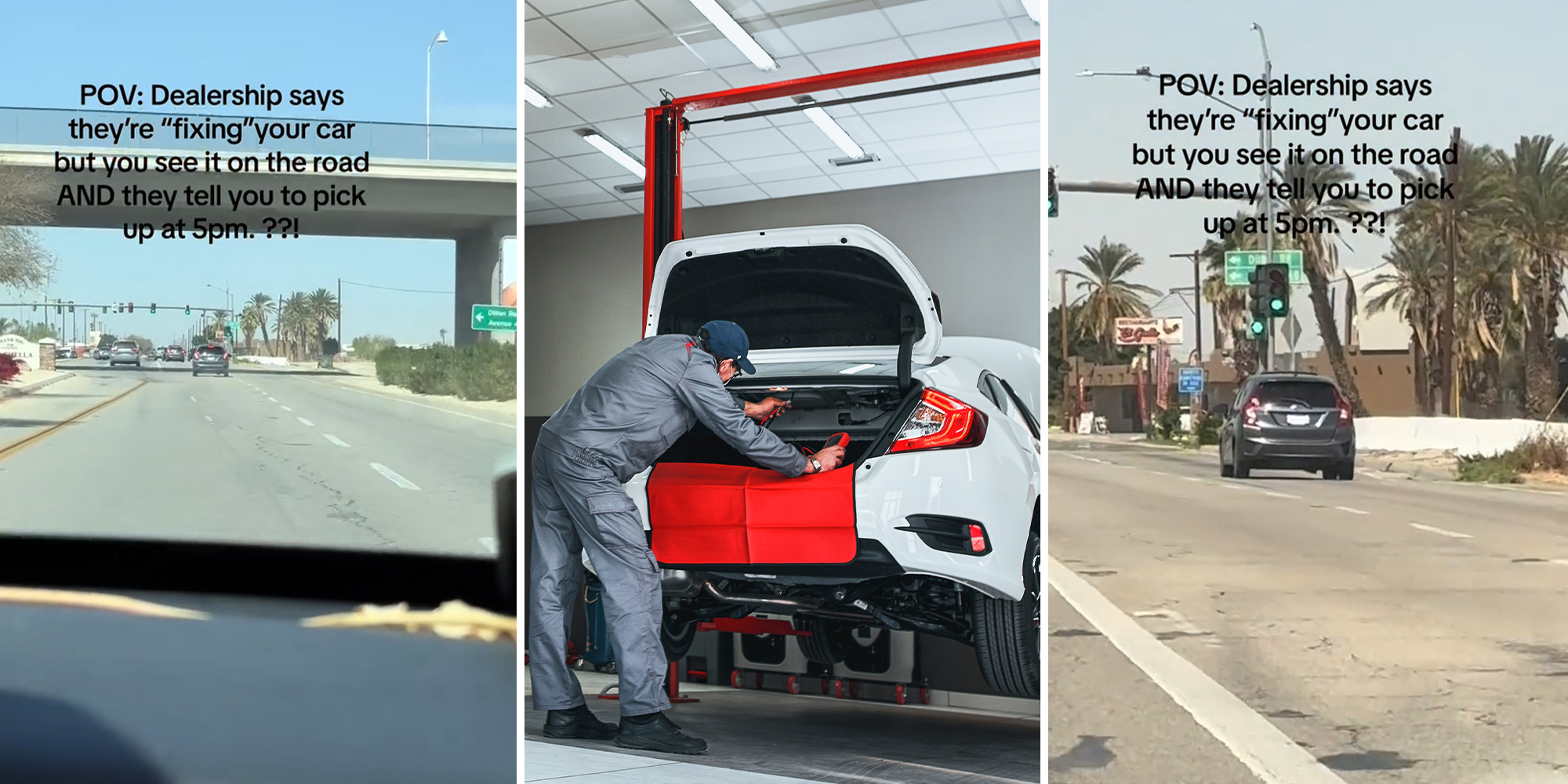 Woman drops car off at dealership for service. She catches worker on the road with it