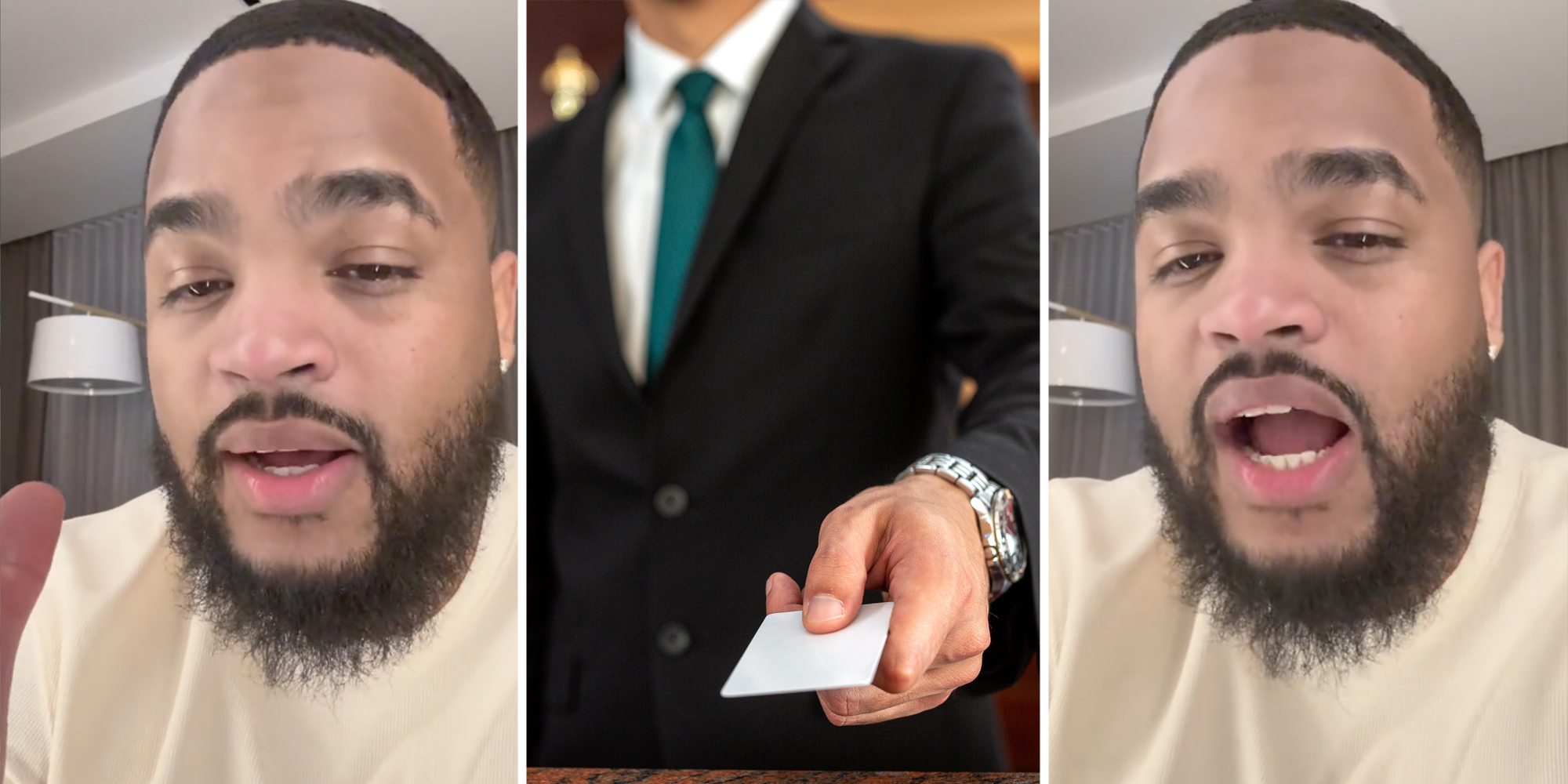 Man talking(L+r), Hotel concierge giving hotel key(c)