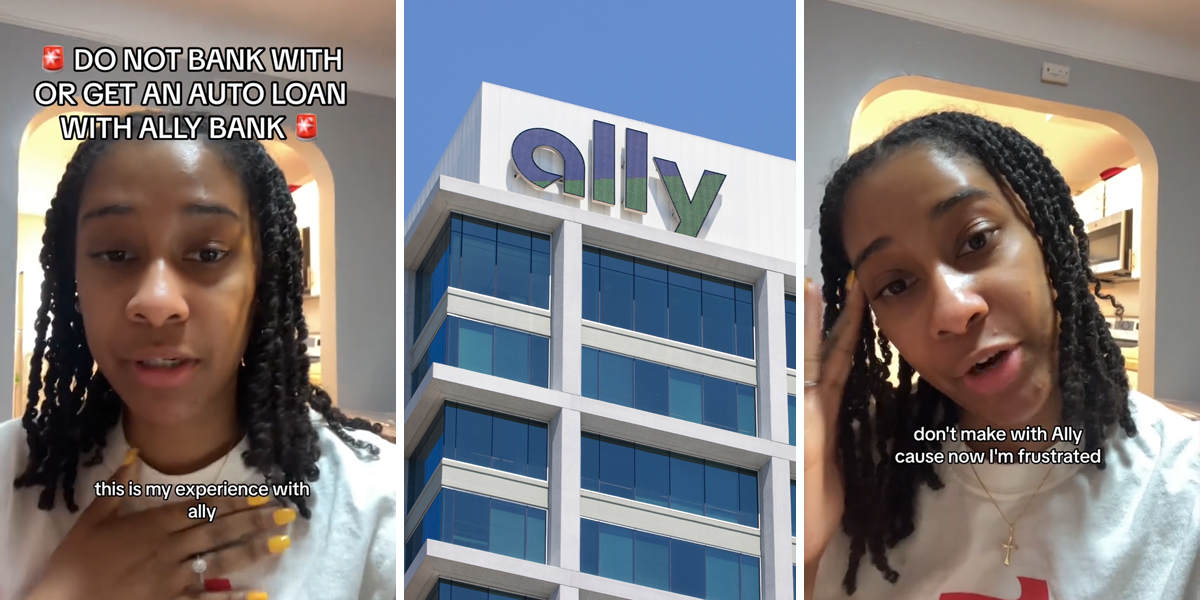 person speaking with caption "DO NOT BANK WITH OR GET AN AUTO LOAN WITH ALLY BANK this is my experience with ally" (l) Ally bank (c) person speaking with caption "don't make with Ally cause now I'm frustrated" (r)