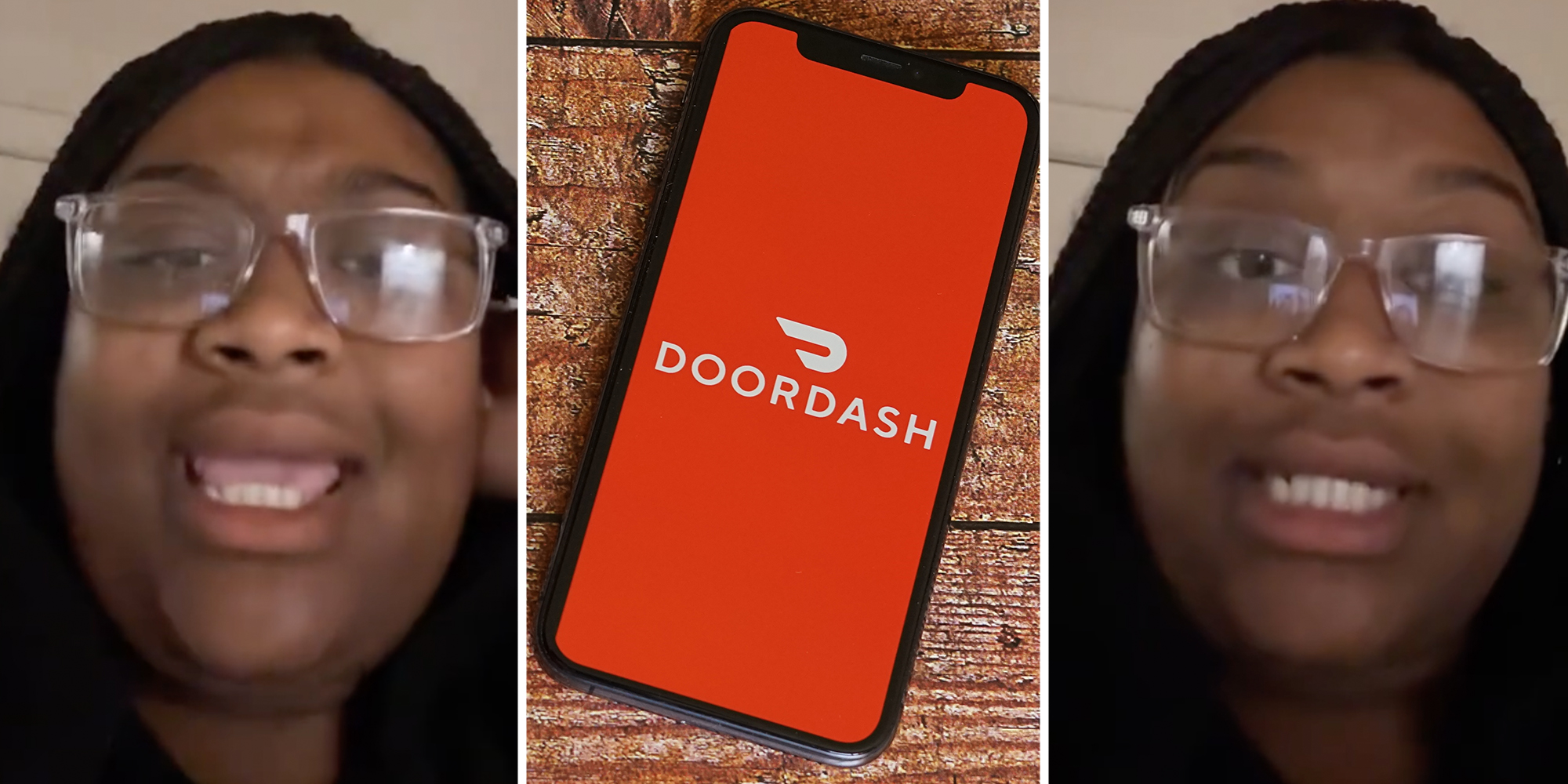 Woman talking(l+r), Doordash app on phone(c)